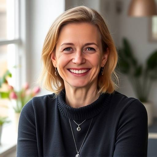 Bilde av Astrid Johansen, programleder for Morgenstemning, smiler vennlig inn i kameraet.