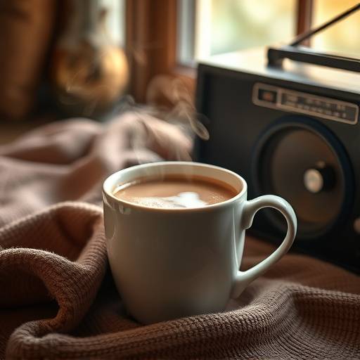 Bilde av en kopp varm kakao ved siden av en radio, representerer programmet Ettermiddagskos.