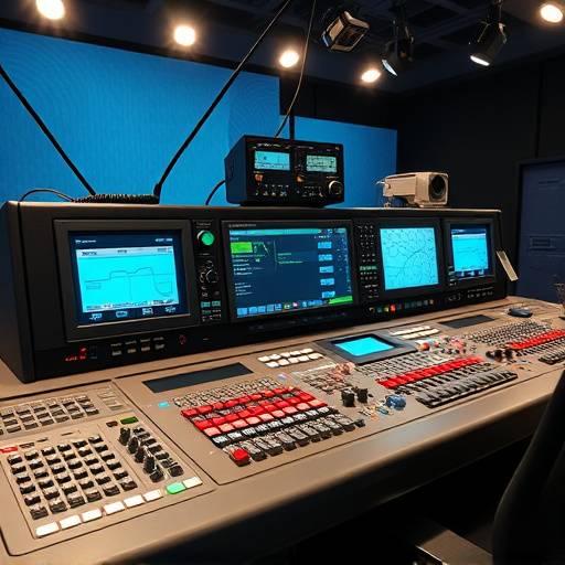 Bilde av en moderne radiokonsoll med flere skjermer og knapper, som representerer teknologisk utvikling i radiofoni.